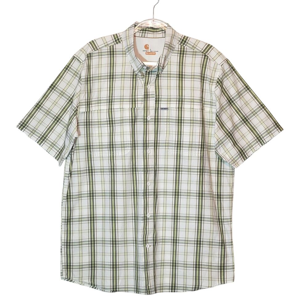 Carhartt Force Plaid Short Sleeve Button Down Relaxed Fit Shirt White Green L